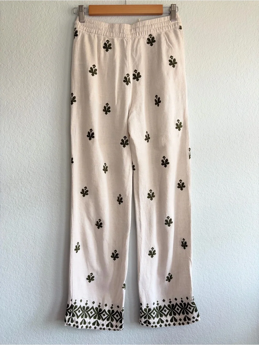 Zara Cream Linen Blend Wide-Leg Embroidered Drawstring Pants, Size XS